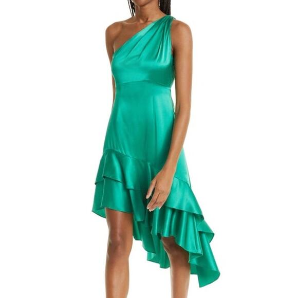 CINQ A SEPT Colina Satin One Shoulder Asymmetric Ruffle Dress Green Size 2 Chic - Picture 3 of 16